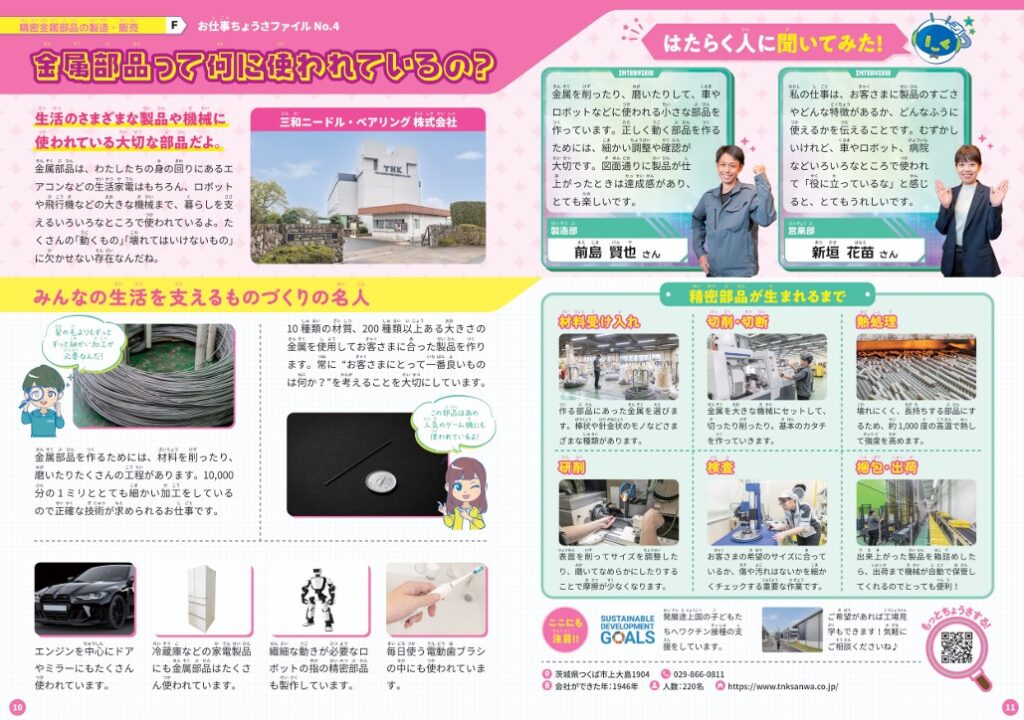 小学生が地元企業の仕事を学ぶための学習ノート。金属部品の使われ方や働く人の声、工程内容を紹介するページを収録。